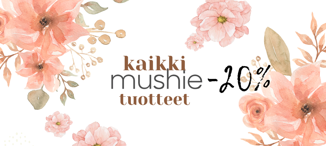 Löydät Mushien tuotteet Oran verkkokaupasta. Kuvassa Mushien logo.