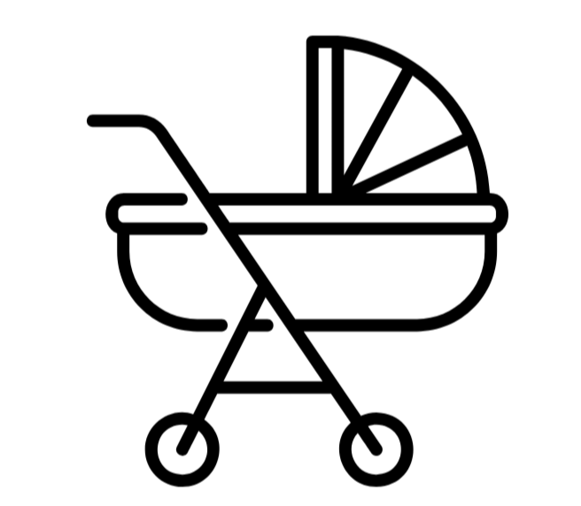 Kuvassa Oran lastenvaunuja lastenrattaita ja kolme perhettä